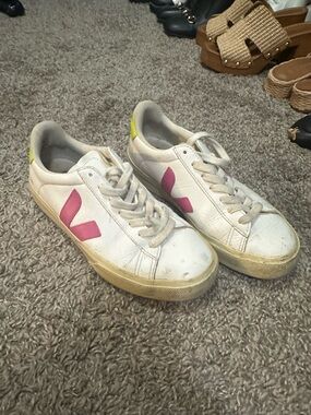 Veja White Sneakers with Pink & Lime Green Accent - Women